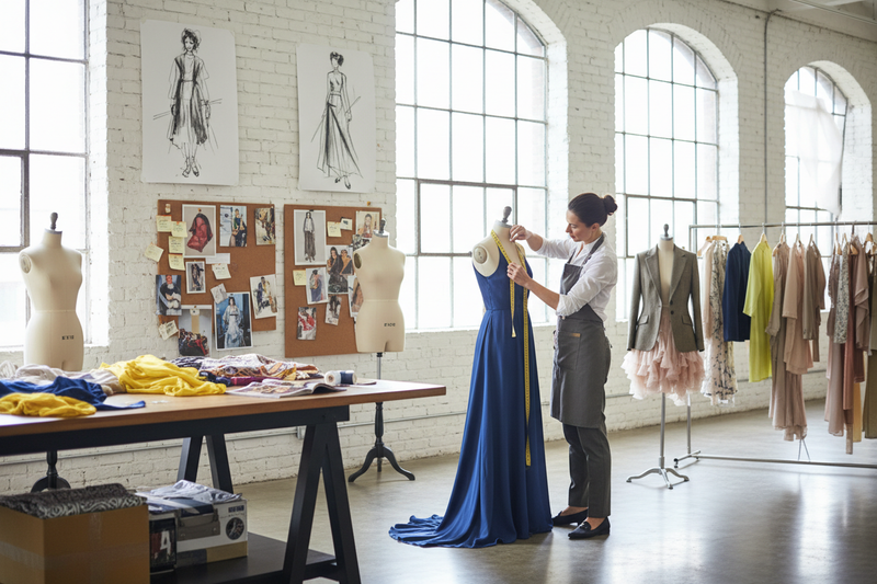 show a tailor taking measurements in a fashion studio