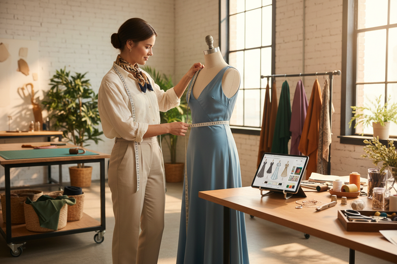 show lady tailor taking measurements and has a fashion designing app open